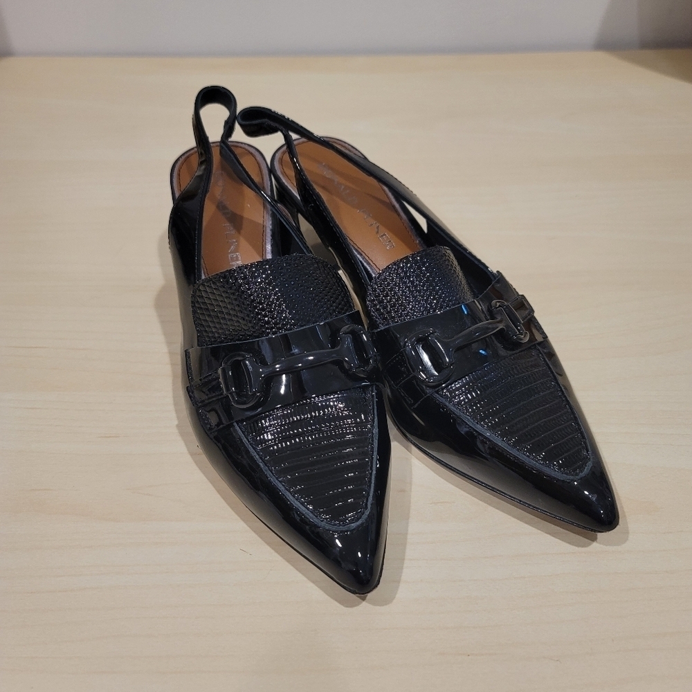 Sz 8M Donald J. Pliner Black Saige Patent Leather Slingback Block Heels